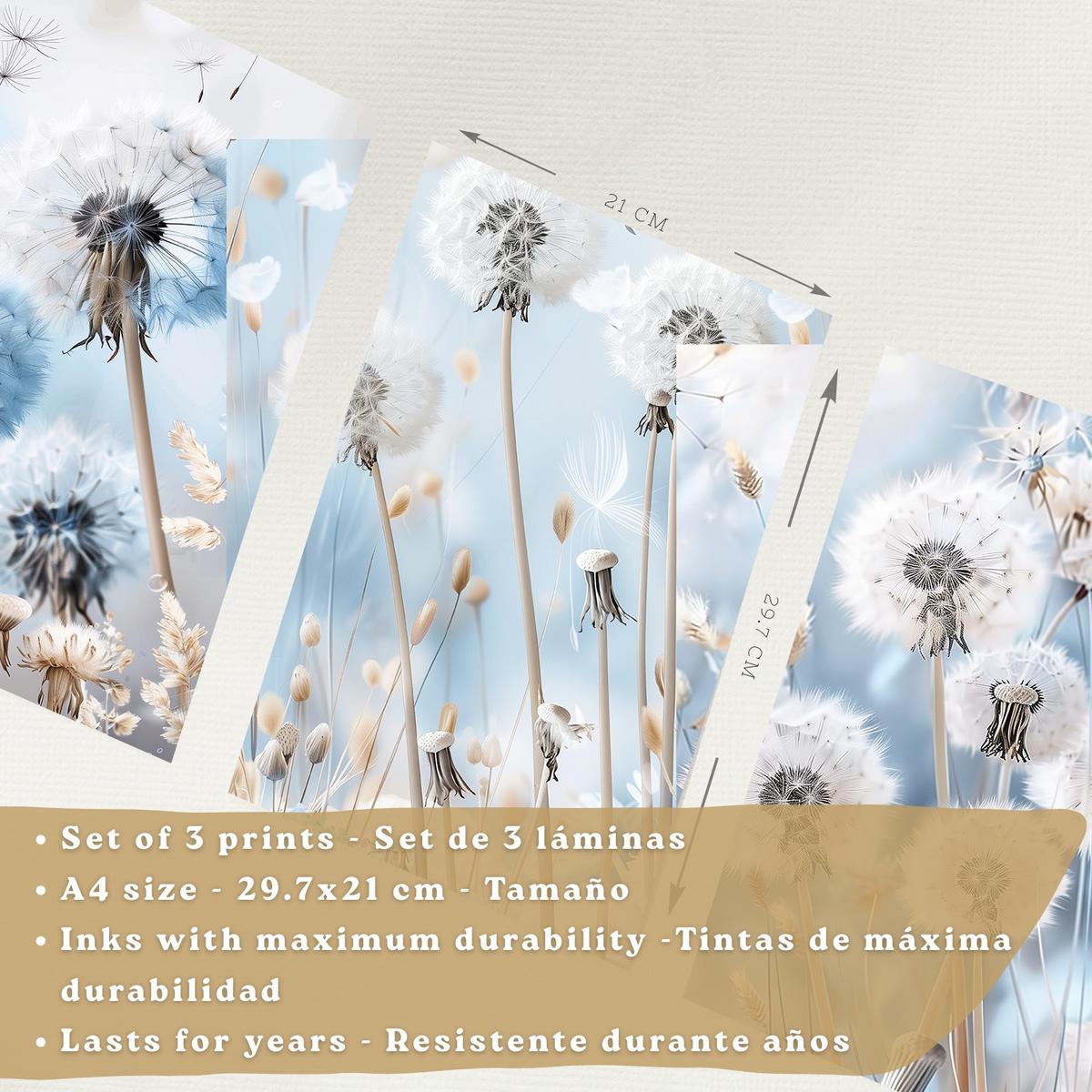 POSTER 3er Kunstdruck-Set Wandbilder Floral Blau modern Wohnzimmer Deko, Schlafzimmer, Küche, Badezimmer Schwarzer Rahmen A4 - Schwarz, Papier (29.7/1/21cm) - Nacnic