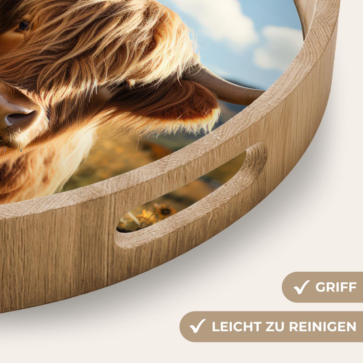 TABLETT Schottische Highlander - Blumen - Hörner - Wolken 40x40 cm - Braun, Holz (40/5/5cm) - OnlyWow