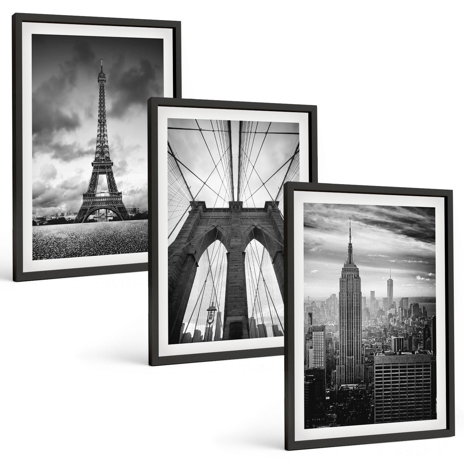 BILDER SET 3er Set - 40x60 cm Schwarzer Rahmen - Monochromatische Brückentürme - Schwarz, Kunststoff (40/60cm) - TULUP