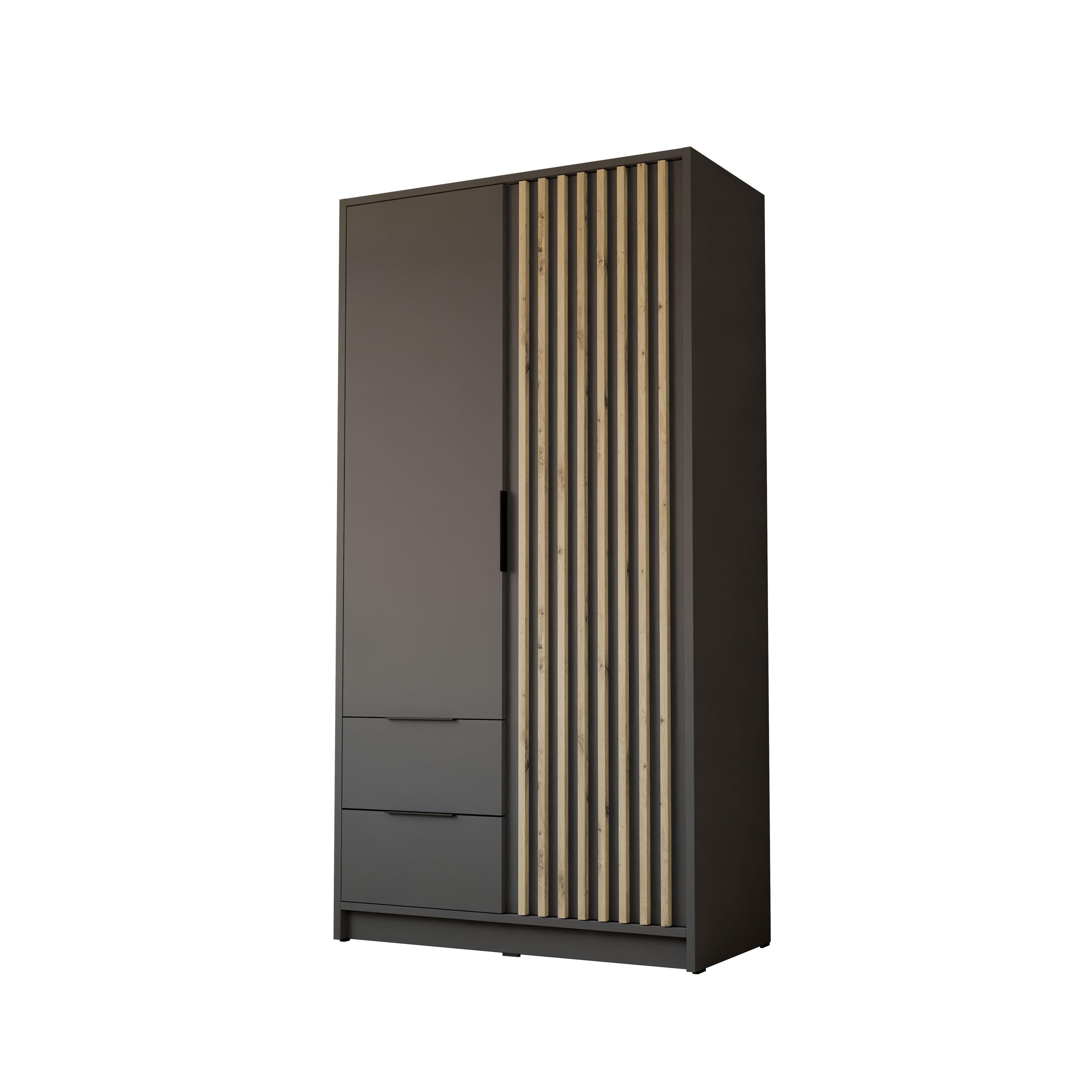 KLEIDERSCHRANK NELA, zweitürig mit Lamellen, 105 cm, Graphit/Artisan - Graphitfarben, Holzwerkstoff (105/200/51cm) - Lookway