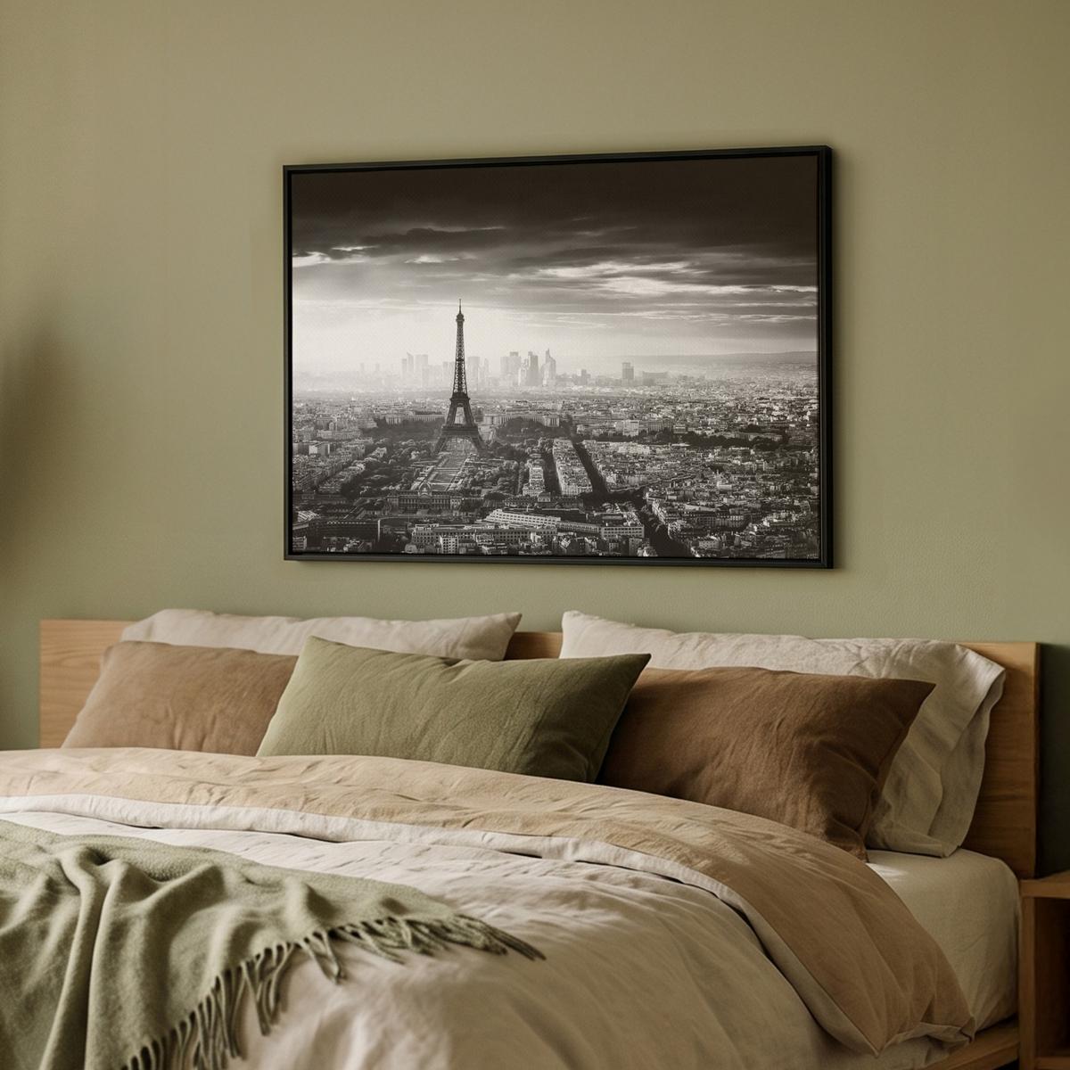 LEINWAND Bilder mit Rahmen - Paris - Skyline - Eiffelturm - Stadt - Wolken - 80x60 - Dunkelgrau, Textil (80/60cm) - MuchoWow