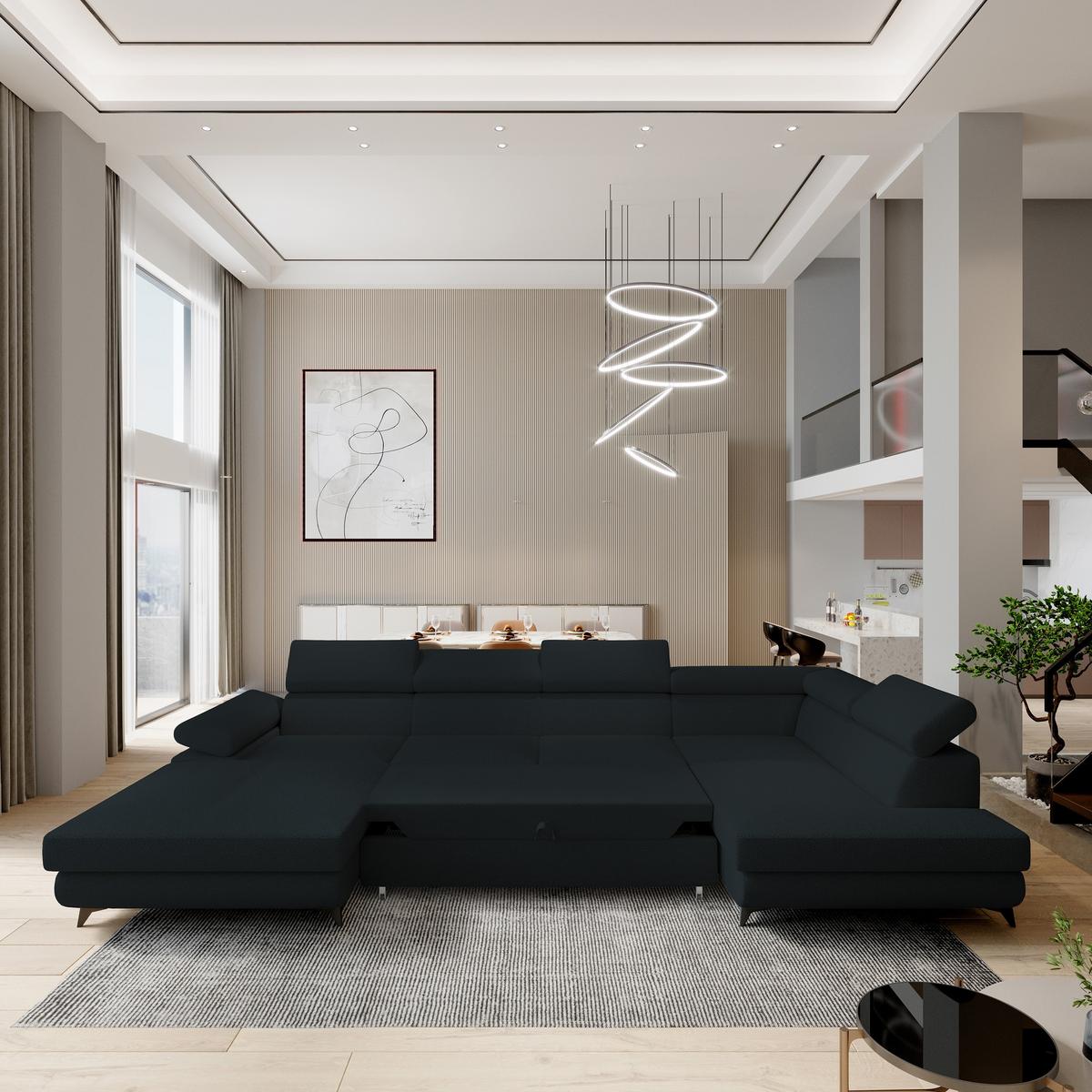 WOHNLANDSCHAFT RUBANO R-S Schwarz Boucle-Stoff mit Schlaffunktion - Schwarz, Holz (339/89/190cm) - MASSENO