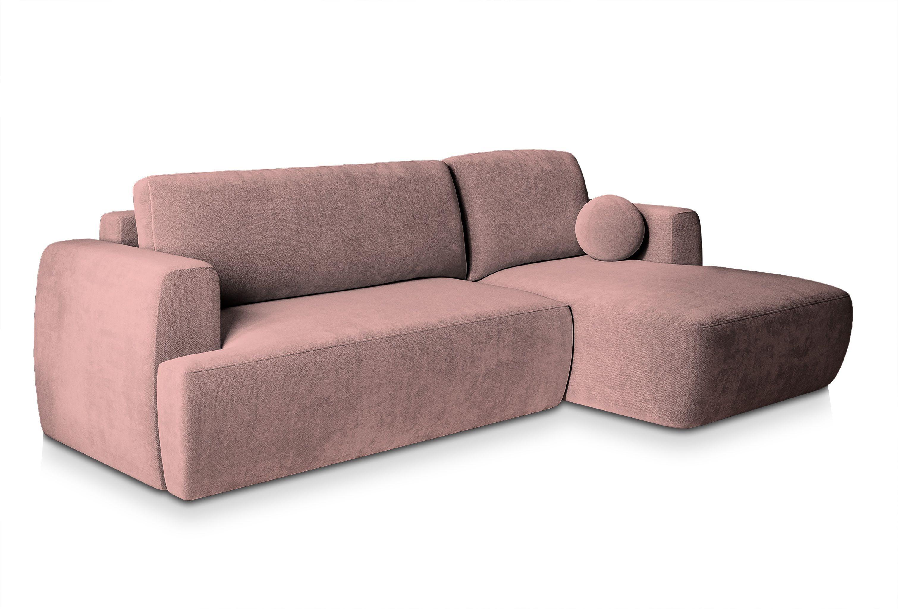 ECKSOFA SENTI K R-S Rosa Plüsch-Stoff mit Schlaffunktion - Schwarz/Rosa, Holz/Kunststoff (246/148cm) - MASSENO