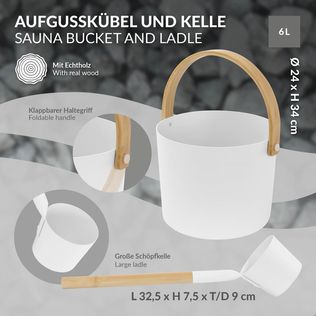 SAUNAZUBEHÖR-SET aus Aluminium & Holz, Weiß, Aufgusskübel & Schöpfkelle - Weiß, Metall (24/34/32.5cm) - LuxeBath
