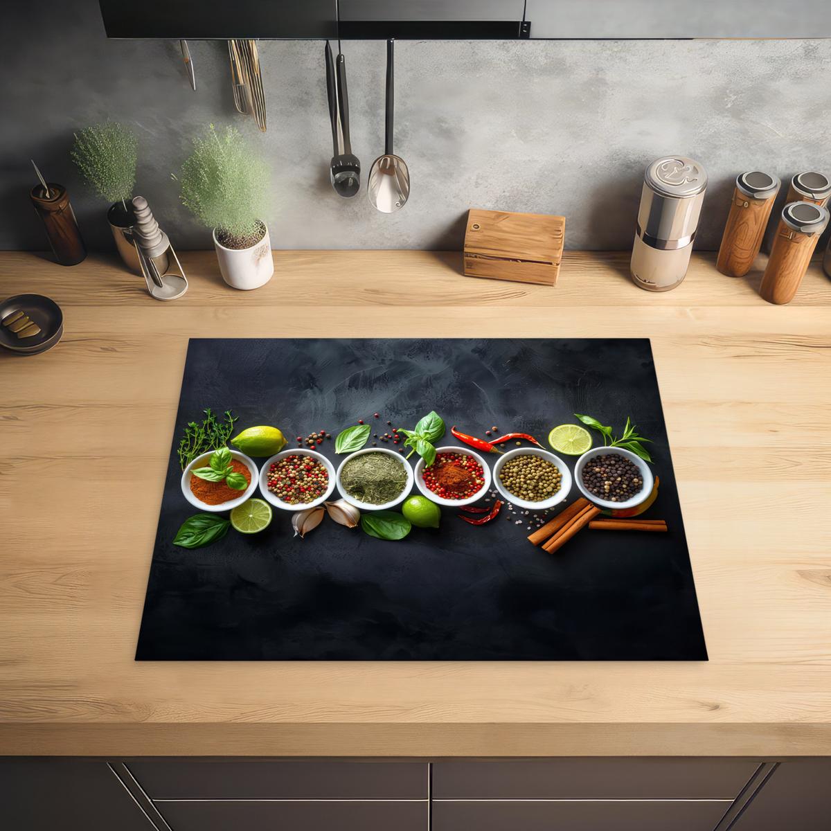 HERDABDECKPLATTE Kräuter - Gewürze - Konkrete Optik - Stilleben Herdabdeckung Induktionsfeld 65x52 cm - Multicolor, Kunststoff (65/52/0.2cm) - MuchoWow