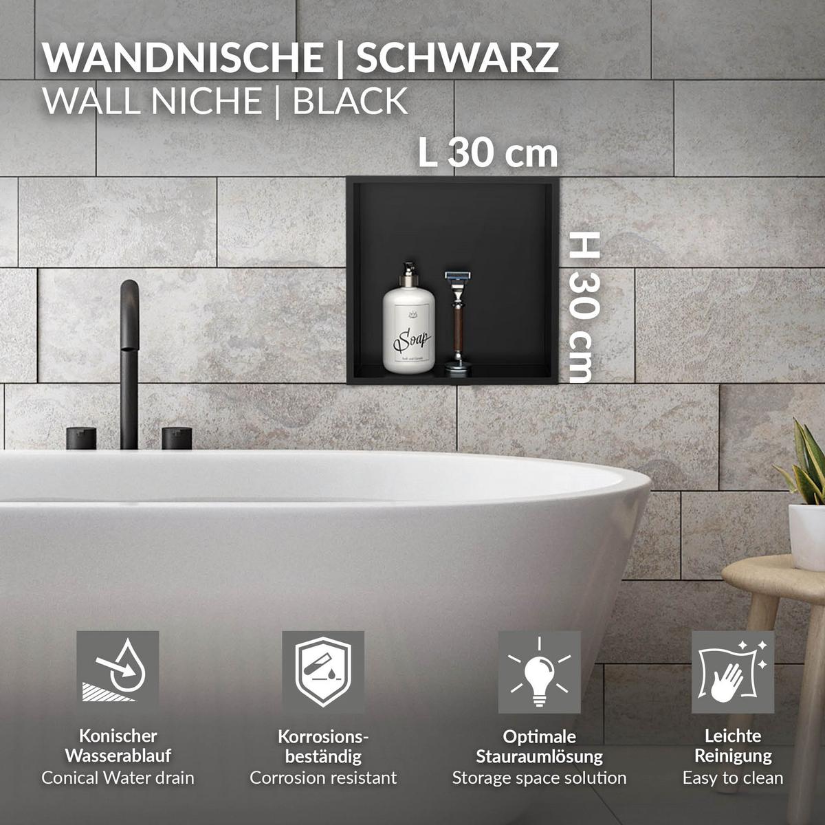 DUSCHNISCHE Schwarz 30/30 cm mit Rahmen - Schwarz, Metall (30/30/10cm) - LuxeBath