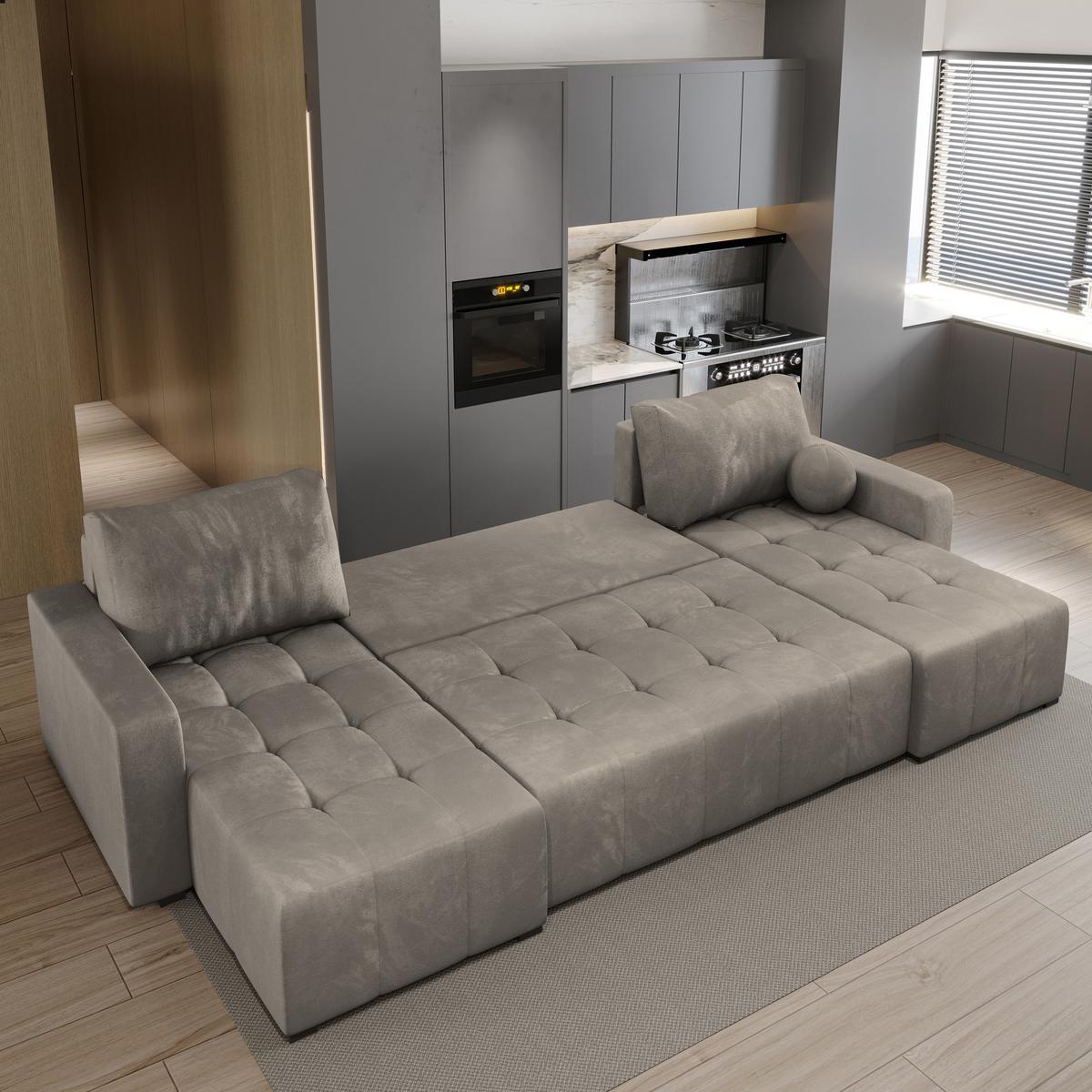 WOHNLANDSCHAFT TOLARI Beige Plüsch-Stoff mit Schlaffunktion - Beige, Holz (295/85/140cm) - MASSENO