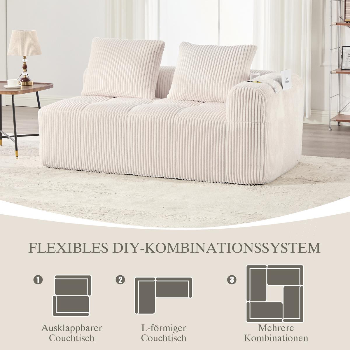 CHAISELONGUE in Cord Übergroßer Relaxsessel mit Seitentaschen - Beige, Textil (158/61/93cm) - Urban Meuble