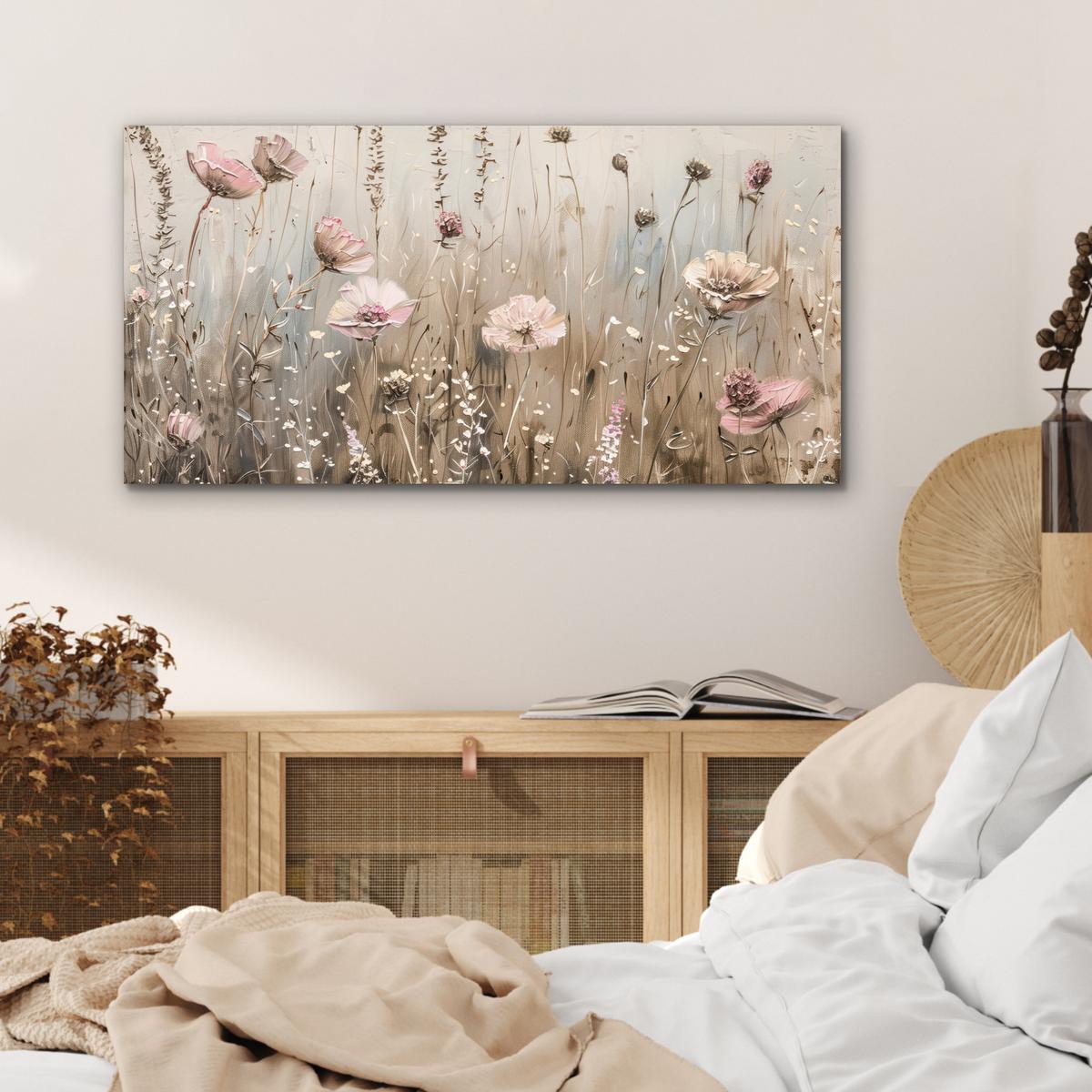 METALLBILD Blumen - Rosa - Modern - Beige 80x40 cm - Beige, Metall (80/40cm) - MuchoWow