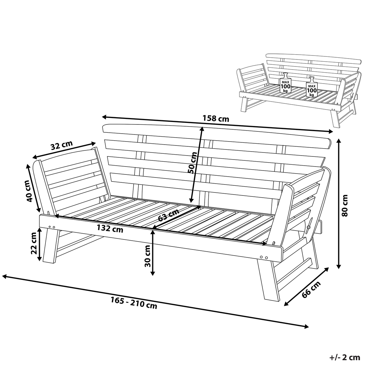 GARTENSOFA Eukalyptusholz hellbraun verstellbare Armlehnen 210 cm Portici - Hellbraun, Holz (210/82/66cm) - Beliani
