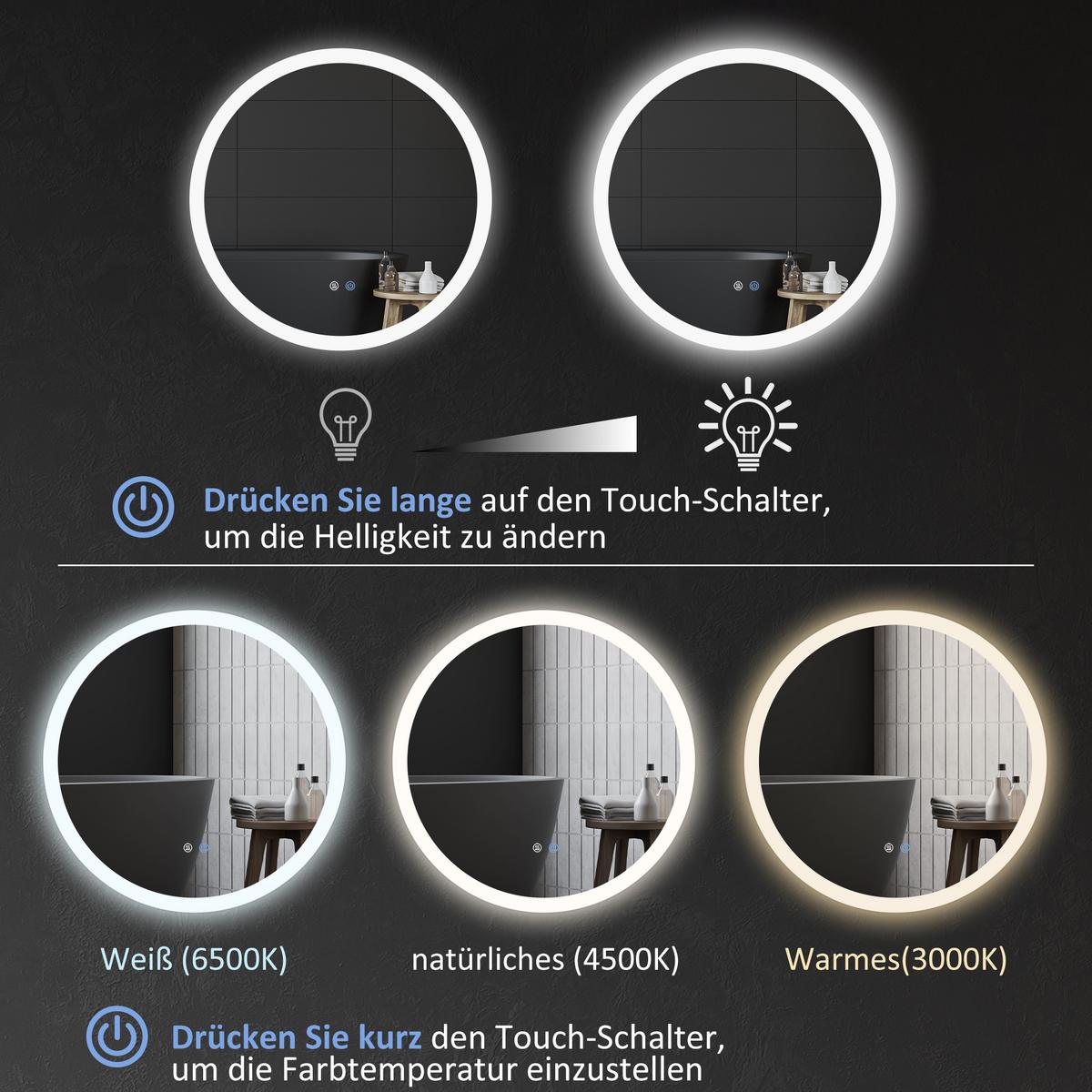 BADSPIEGEL mit Beleuchtung, Ø70 cm Wandspiegel mit 3 Lichtfarben, Anti-Beschlag - Silberfarben, Glas (70/3/70cm) - Kleankin