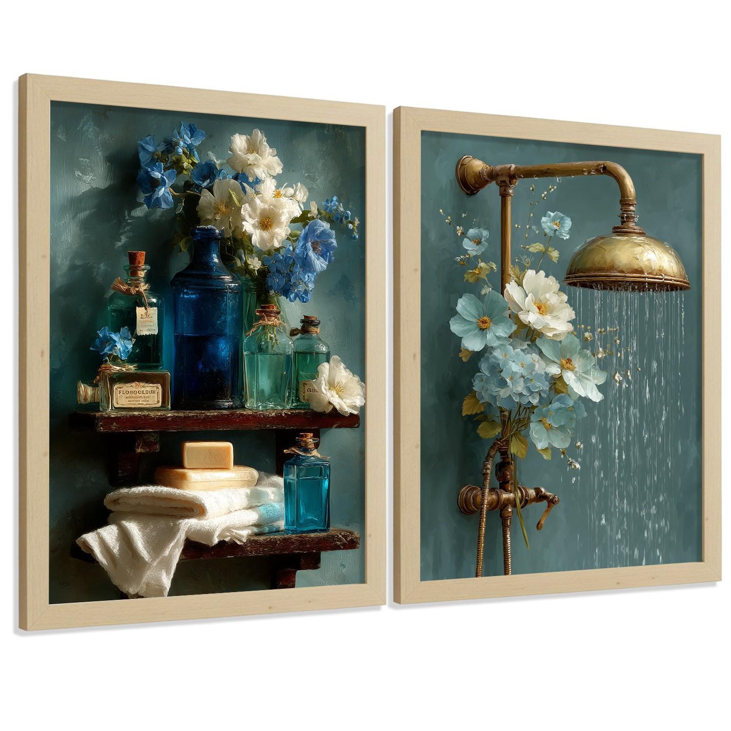 POSTER 2er-Set dekorative Badezimmer-Wandbilder, ästhetische Dusche und WC, Badezimmerdekoration mit Blumen Flaschen und Dusche Leichter Holzrahmen A4 - Beige, Papier (29.7/21/3cm) - Nacnic