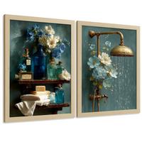 POSTER 2er-Set dekorative Badezimmer-Wandbilder, ästhetische Dusche und WC, Badezimmerdekoration mit Blumen Flaschen und Dusche Leichter Holzrahmen A4 - Beige, Papier (29.7/21/3cm) - Nacnic