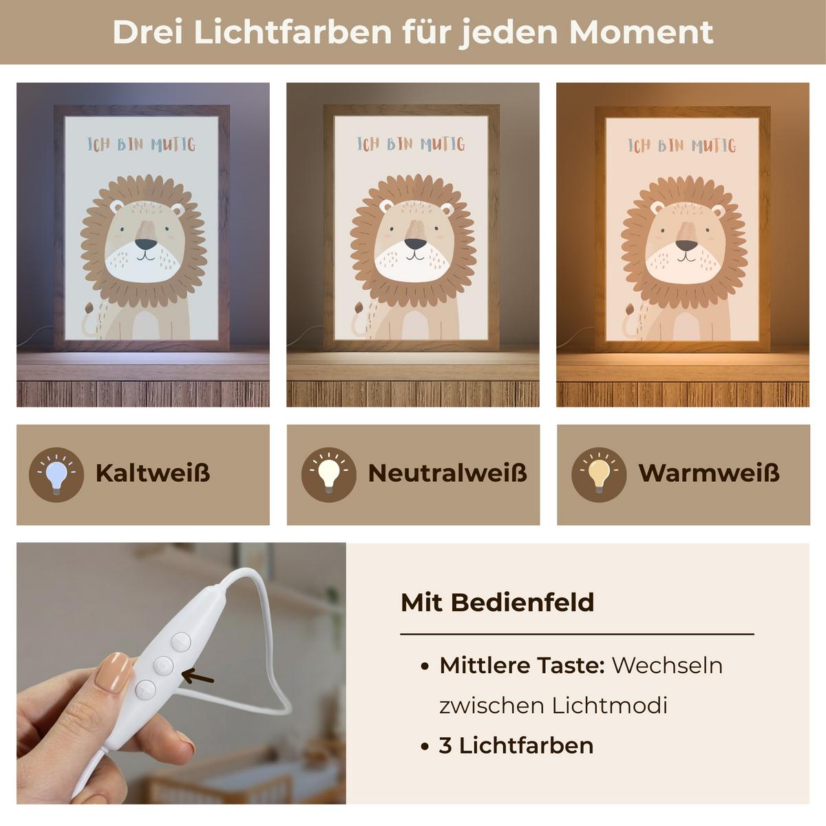 NACHTTISCHLAMPE Löwe - Beige - Tier - Mutig - Zitat 20x30 cm - Beige, Holzwerkstoff (8/20/30cm) - OnlyWow