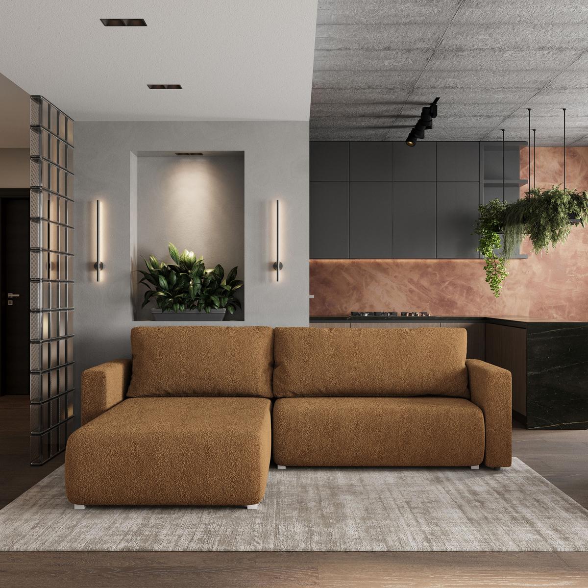 ECKSOFA TURIN N Braun Bucle-Stoff mit Schlaffunktion - Braun/Grau, Holz/Kunststoff (265/183cm) - MASSENO