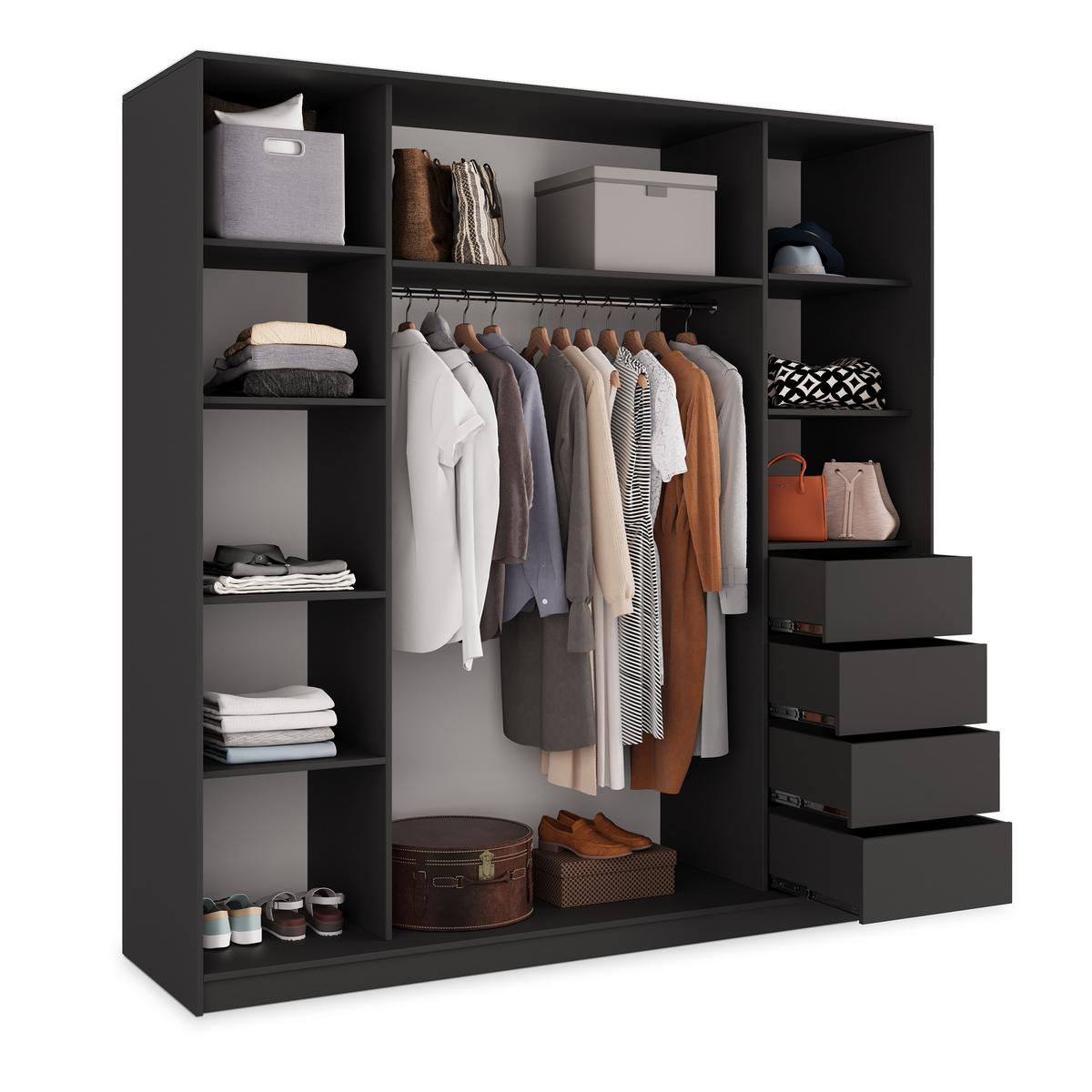 SCHWEBETÜRENSCHRANK TARI 180/205/58 cm 3-türig mit Spiegel und Schubladen Schwarz - Schwarz, Holzwerkstoff (180/205/58cm) - MASSENO
