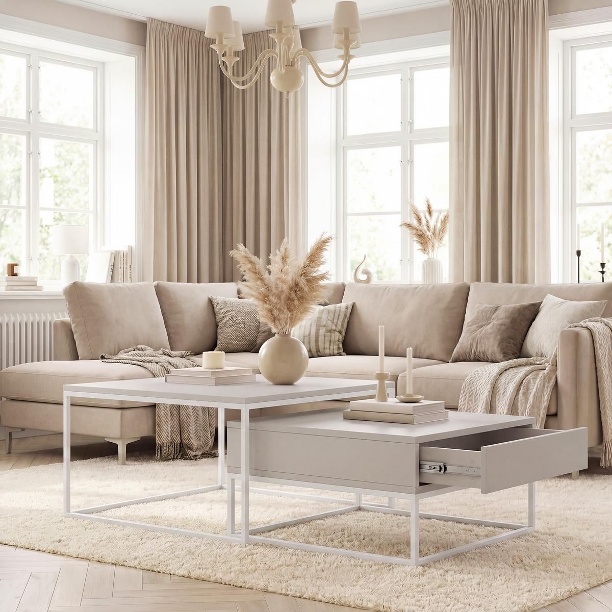 COUCHTISCH-SET ELEGANT 70/60 cm quadratischer, Weiß / Kaschmir - Kaschmir/Weiß, Holzwerkstoff/Metall (70/70/42cm) - Idohome