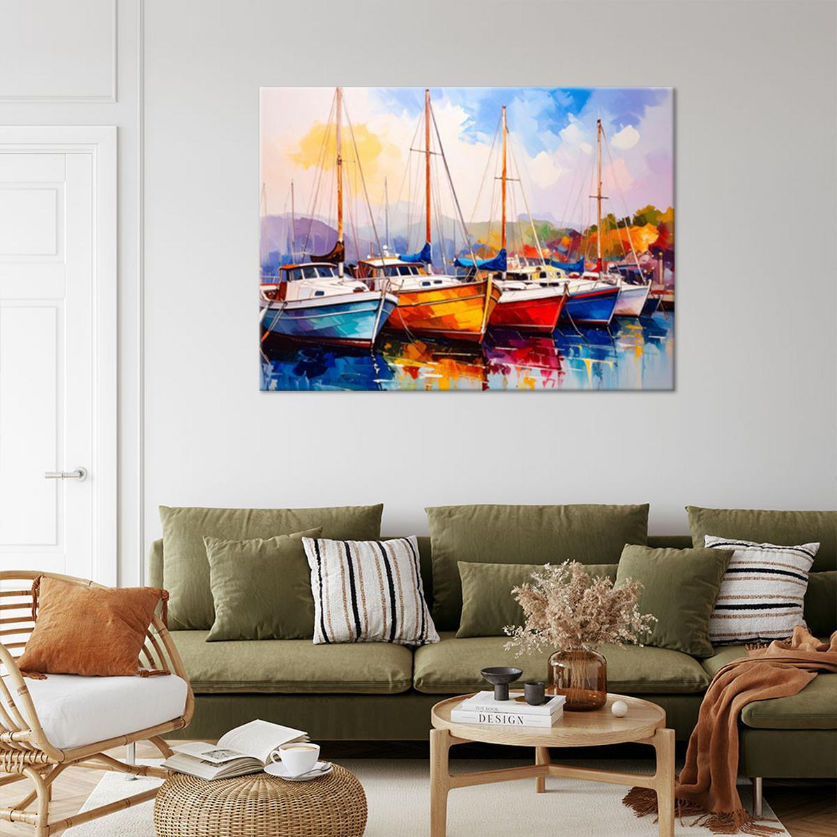 LEINWANDBILD Bunte Boote Schiffe Hafen 100x70cm - Multicolor, Textil (100/70cm) - Feeby