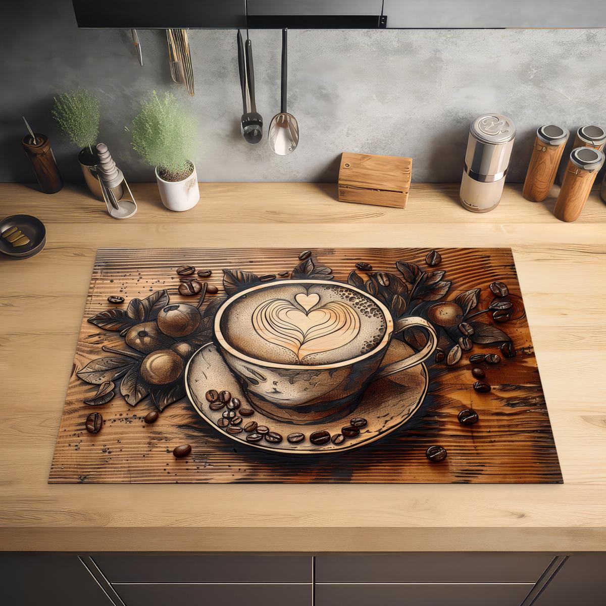 HERDABDECKPLATTE Kaffee - Vintage - Braun - Tasse - Holz Ceranfeldabdeckung 80x52 cm - Cappuccino, Kunststoff (80/52/0.2cm) - MuchoWow