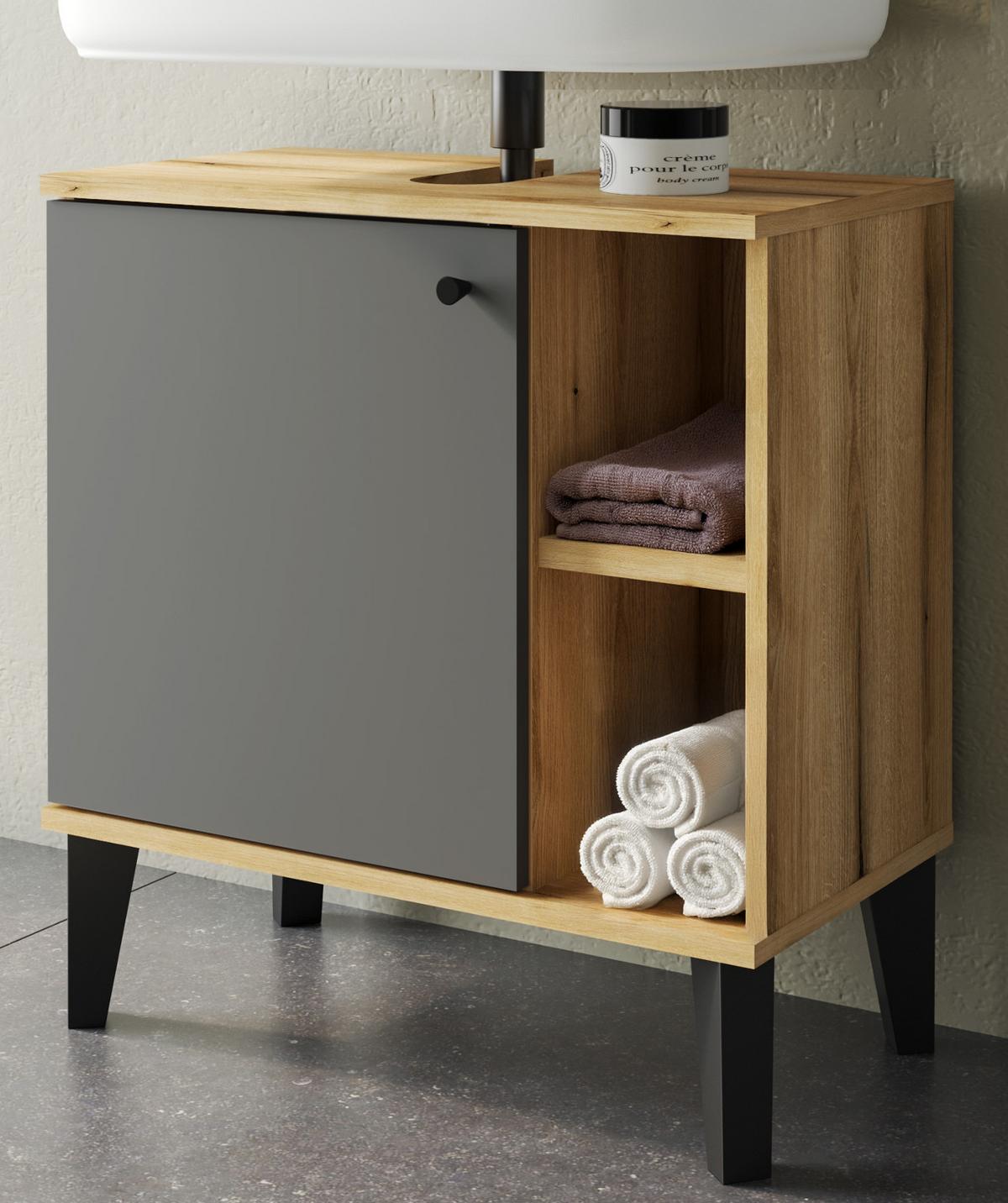 WASCHBECKENUNTERSCHRANK grau, Evoke Eiche, Badezimmer Unterschrank, 60 cm - Eichefarben/Schwarz, Holzwerkstoff/Kunststoff (60/65/33cm) - Furn.Design