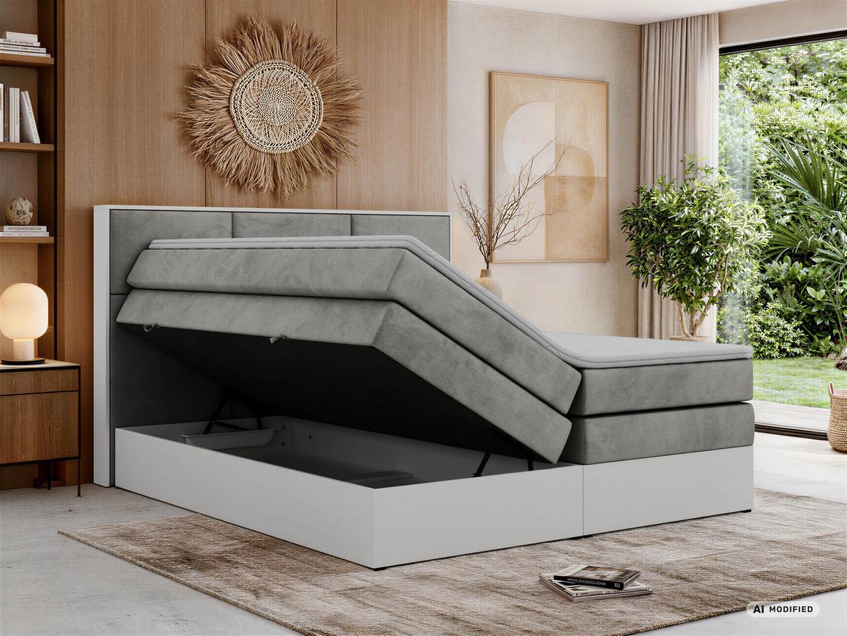 BOXSPRINGBETT DELVIT KING 140/200 - Hellgrau Velvet - Topper Visco - H3 - Hellgrau/Schwarz, Kunststoff/Textil (140/200cm) - MKS