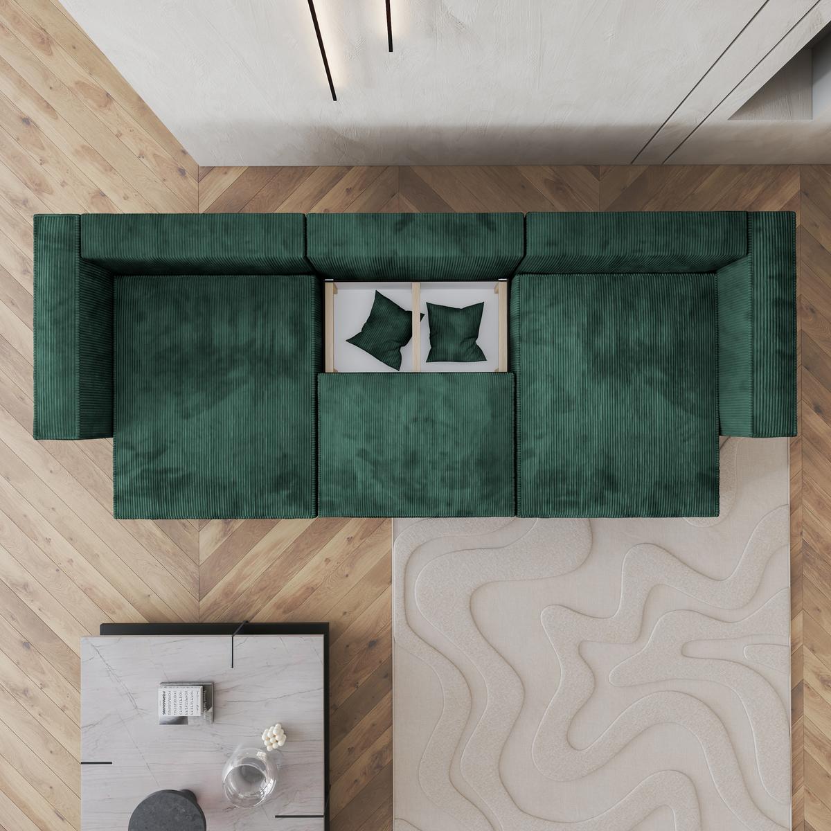 WOHNLANDSCHAFT SARMO P Grün Kordstoff mit Schlaffunktion - Grau/Grün, Holz/Kunststoff (347/70/148cm) - MASSENO