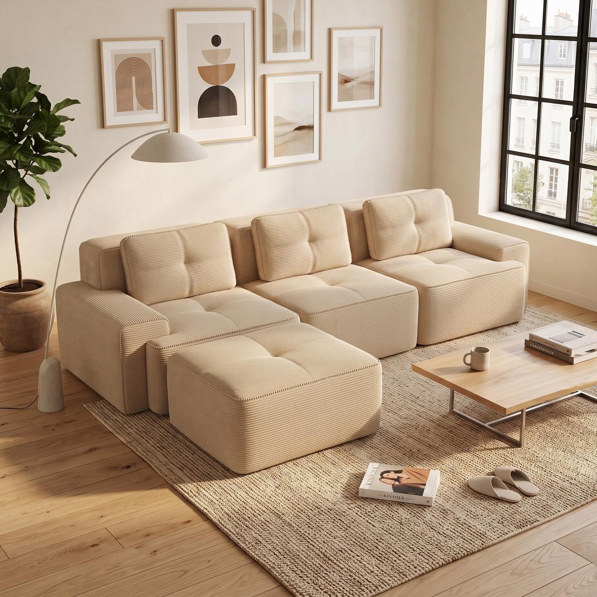 ECKSOFA Modulares Boneless L-Form Cloud-Sofa mit Ottoman Cord - Beige, Textil (293/177cm) - Urban Meuble