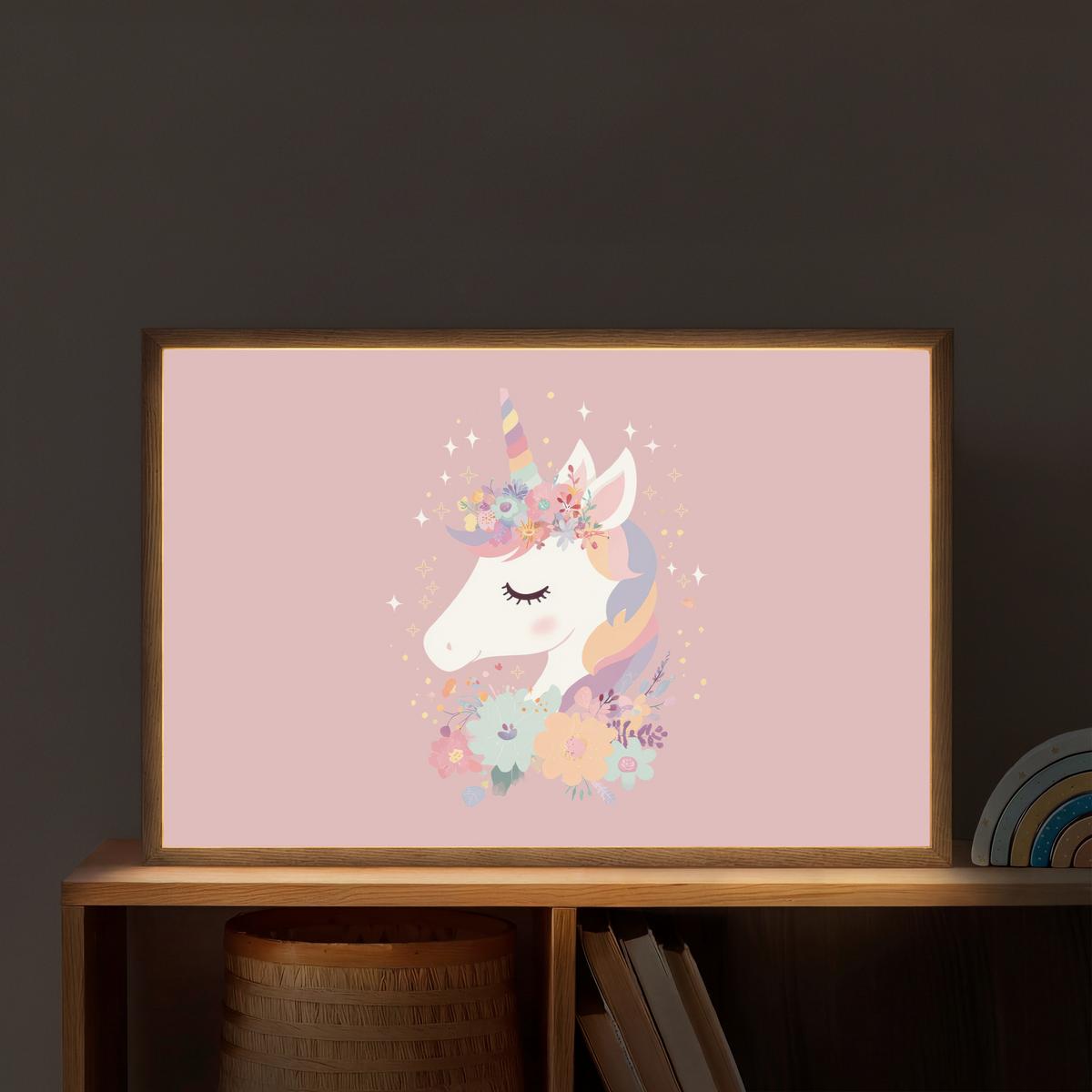 NACHTTISCHLAMPE MIT AKKU Einhorn - Rosa - Blumen 60x40 cm - Rosa, Holzwerkstoff (8/60/40cm) - OnlyWow