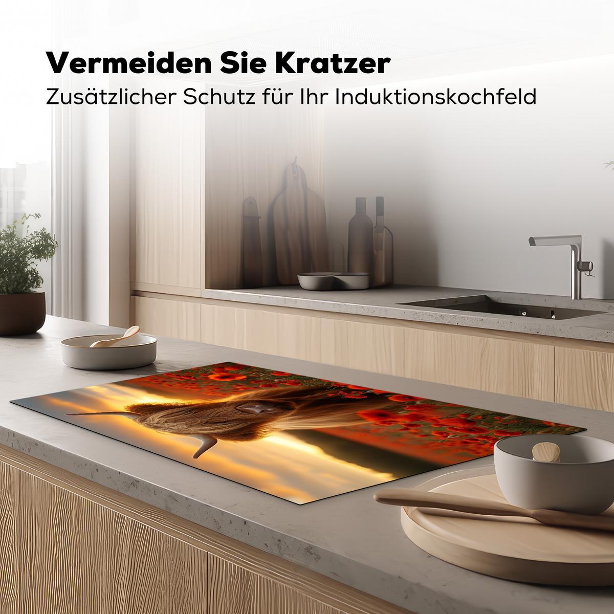 HERDABDECKPLATTE Schottische Highlander - Rosen - Blumenfeld - Sonnenuntergang Induktionsschutz 91.6x52.7 cm - Rotbraun, Kunststoff (91.6/52.7/0.2cm) - MuchoWow
