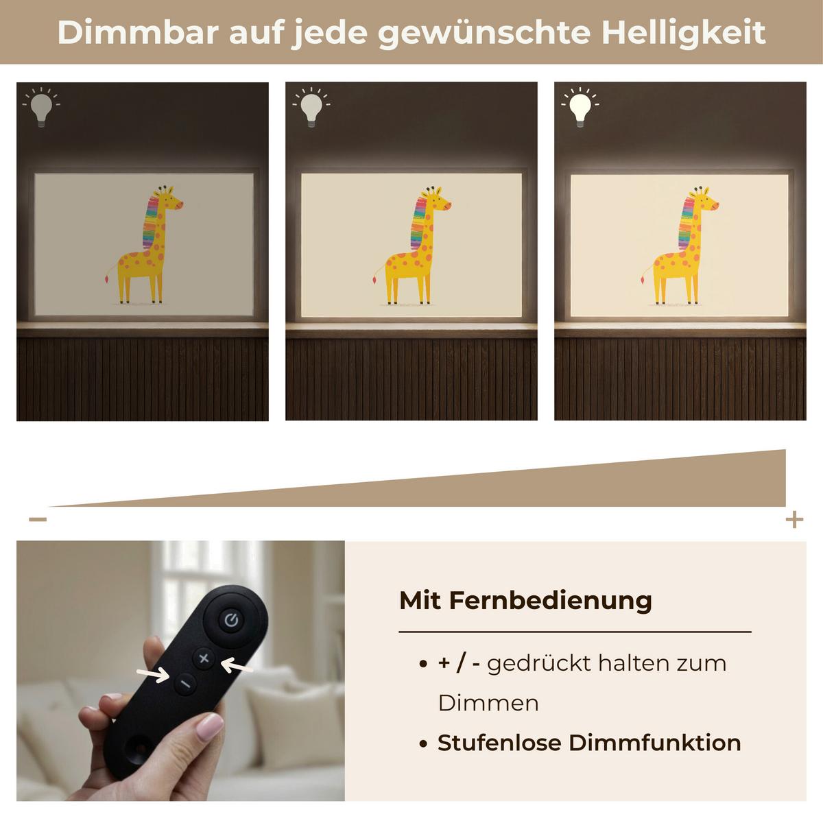 WANDLEUCHTE MIT AKKU Giraffe - Regenbogenmähne - Beige 60x40 cm - Beige, Holzwerkstoff (60/40/8cm) - OnlyWow