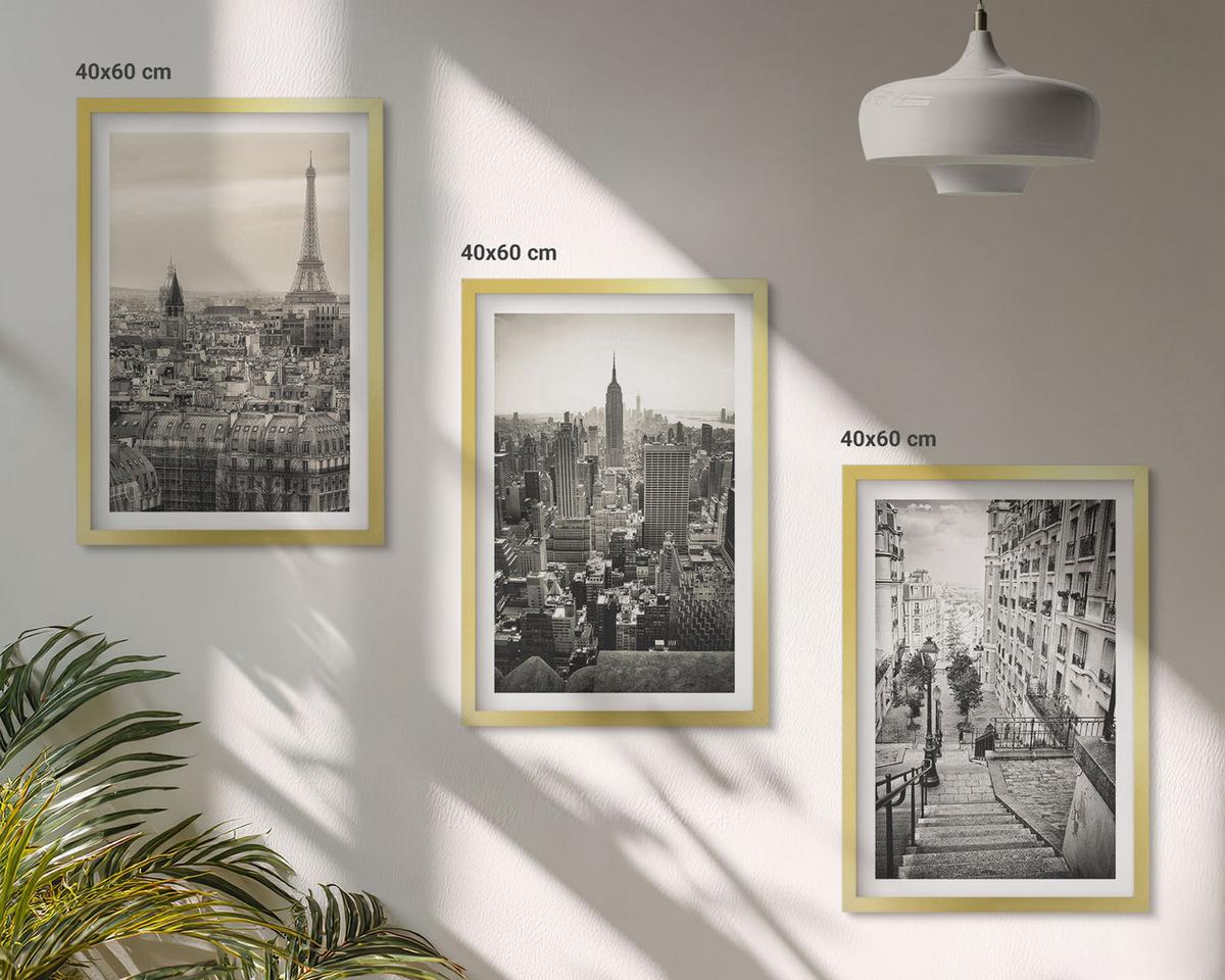 BILDER SET 3er Set - 40x60 cm Goldrahmen - Aussicht Paris New York Treppen - Goldfarben, Kunststoff (40/60cm) - TULUP