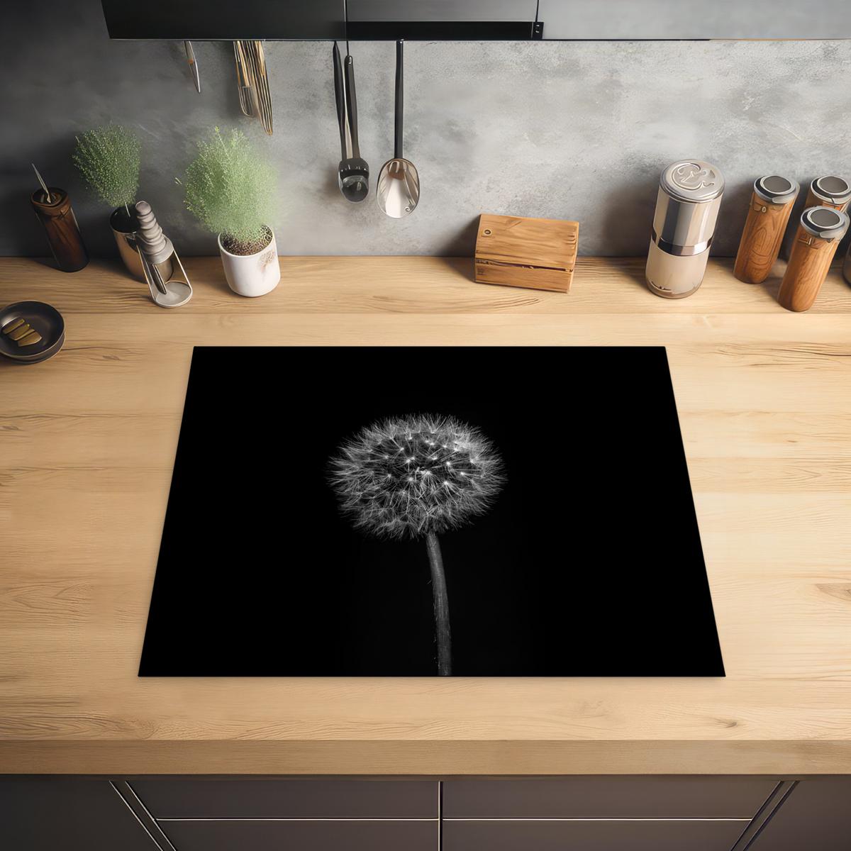 HERDABDECKPLATTE Löwenzahn - Schwarz - Floral - Botanisch Herdabdeckung Induktionsfeld 65x52 cm - Grau, Kunststoff (65/52/0.2cm) - MuchoWow