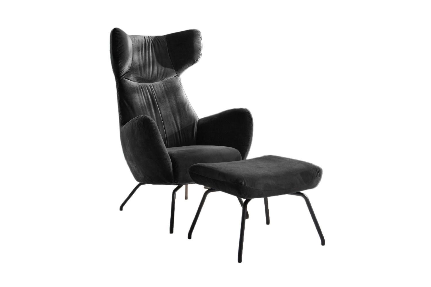 SESSEL MIT HOCKER LOTTE Schwarz Velvet - Schwarz, Textil (79/117/82cm) - KAWOLA