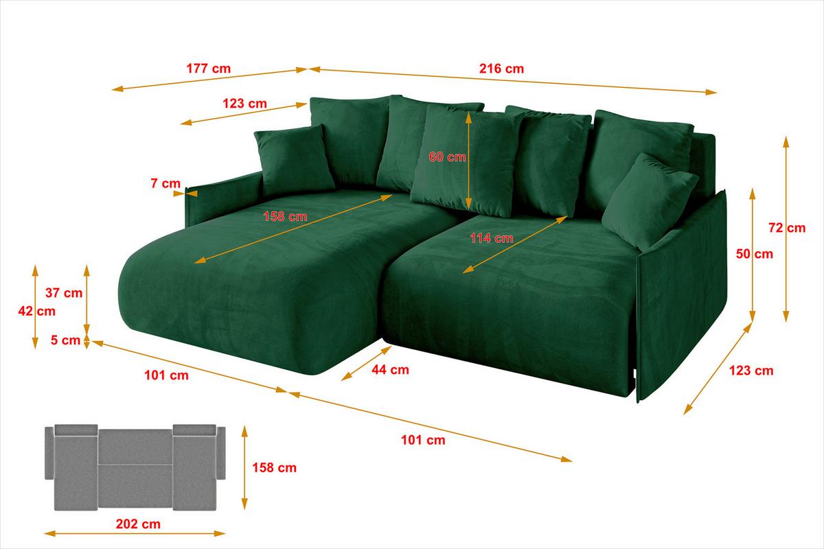 ECKSOFA Ottomane links ONESK-L-v1 216x177x72 Grün Velours - Grün, Holzwerkstoff/Kunststoff (216/177cm) - ALTDECOR