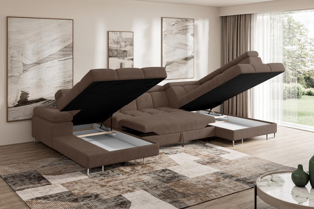 WOHNLANDSCHAFT mit Schlaffunktion und Bettkasten Ottomane RECHTS COMA U 345x203x79 Braun Velours - Braun, Holzwerkstoff/Textil (203/79/345cm) - ALTDECOR