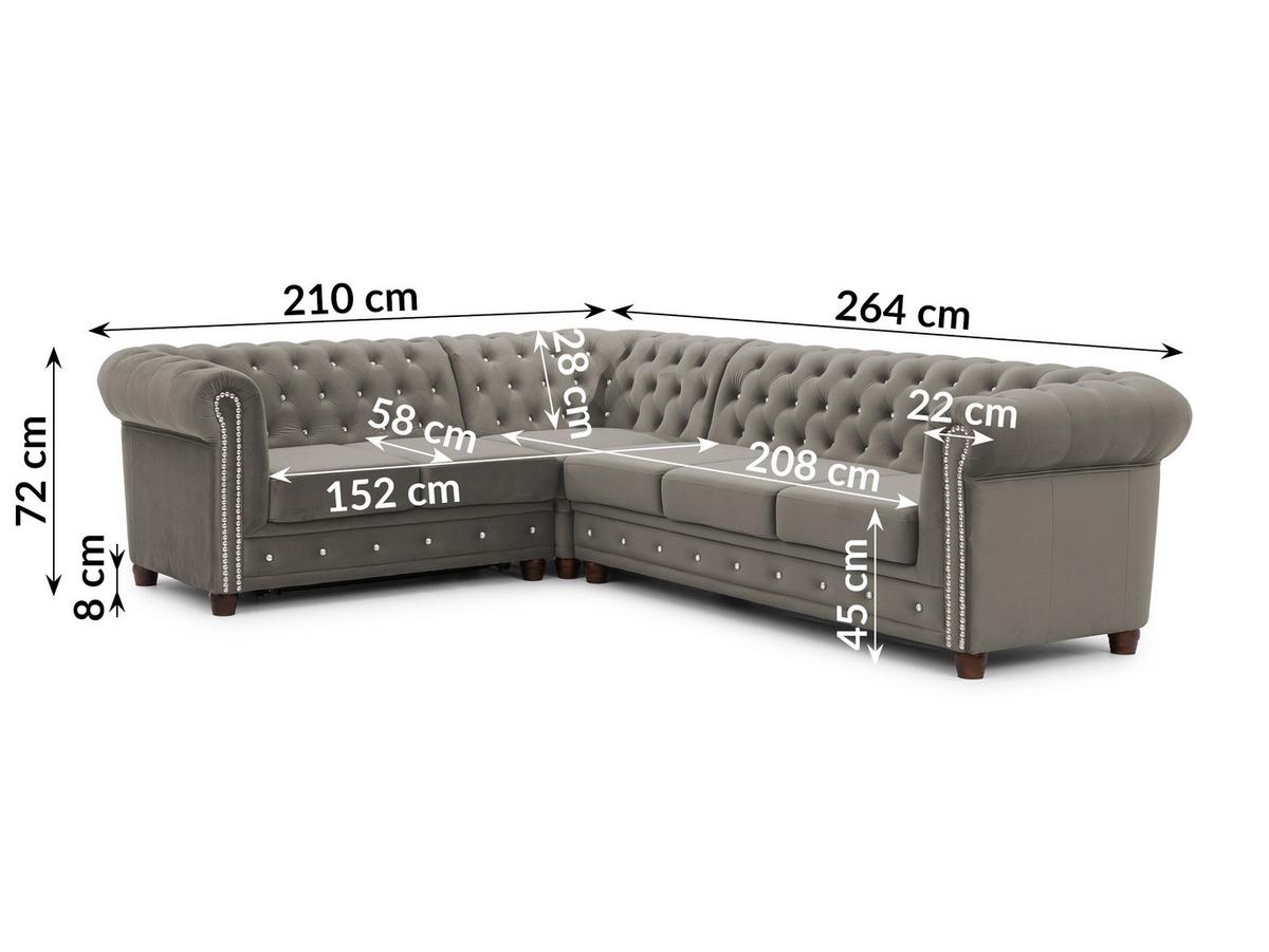 ECKSOFA mit Schlaffunktion Chesterfield Grau Samt mit Kristallsteppung und braunen Massivholzfüßen - Ottomane Links - Braun/Grau, Holz/Textil (264/210cm) - S-Style Möbel