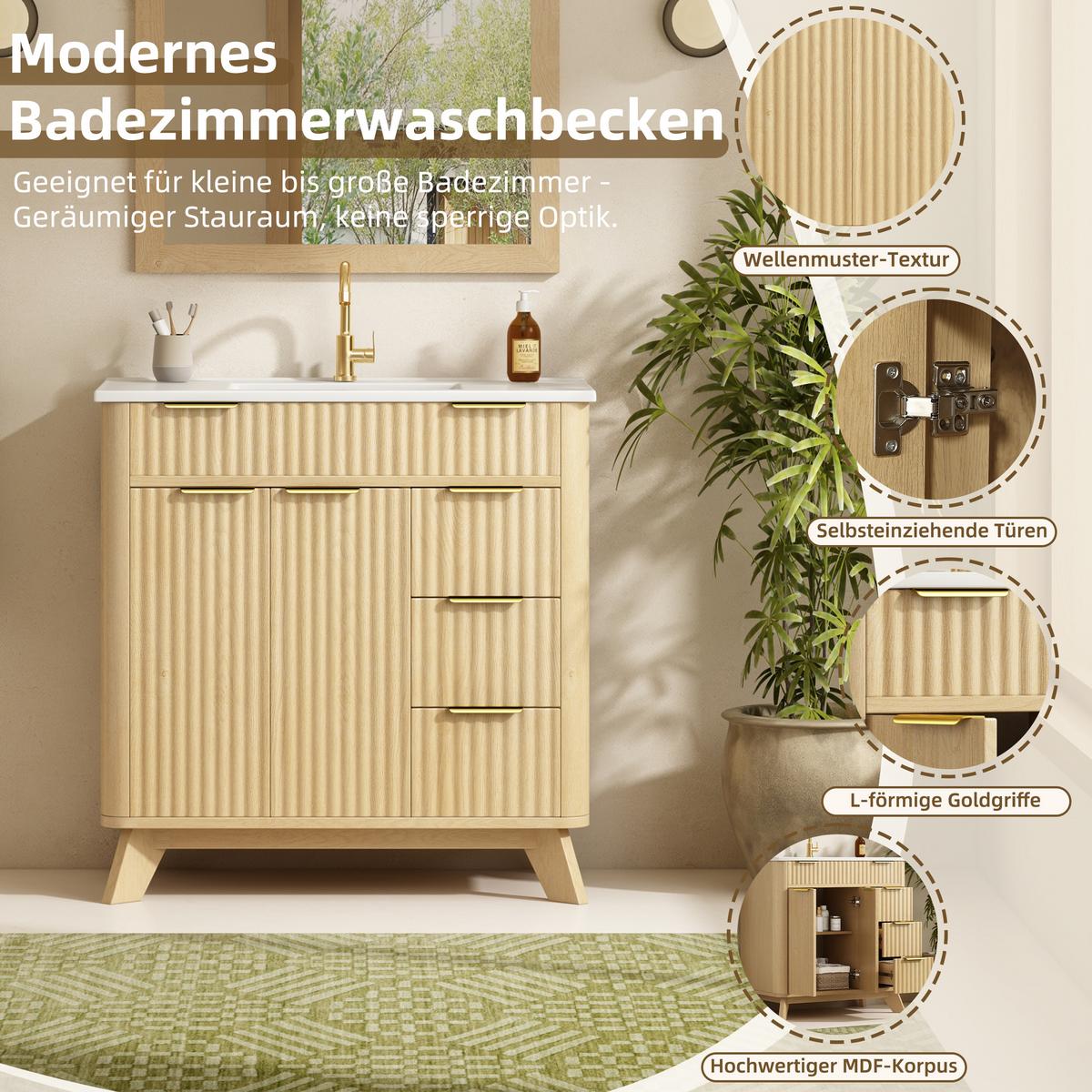 WASCHTISCHUNTERSCHRANK Holzoptik Wellenmuster 3 Schubladen & Doppeltüren - Naturfarben, Holzwerkstoff (81/90/47cm) - Urban Meuble