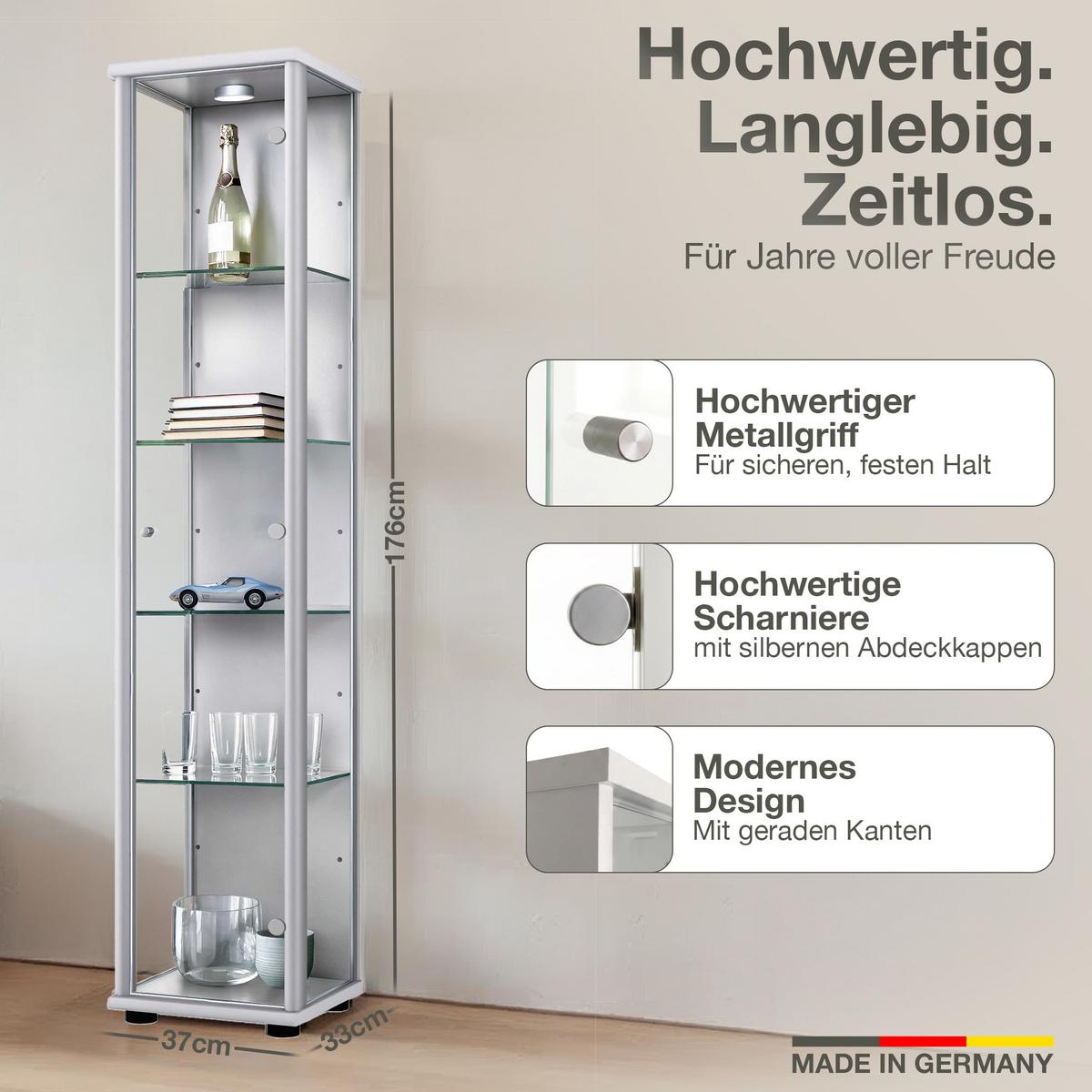GLASVITRINE 33/37/176 cm mit LED & 4 höhenverstellbaren Glasböden - Transparent/Silberfarben, Glas/Holzwerkstoff (37/176/33cm) - K-Möbel