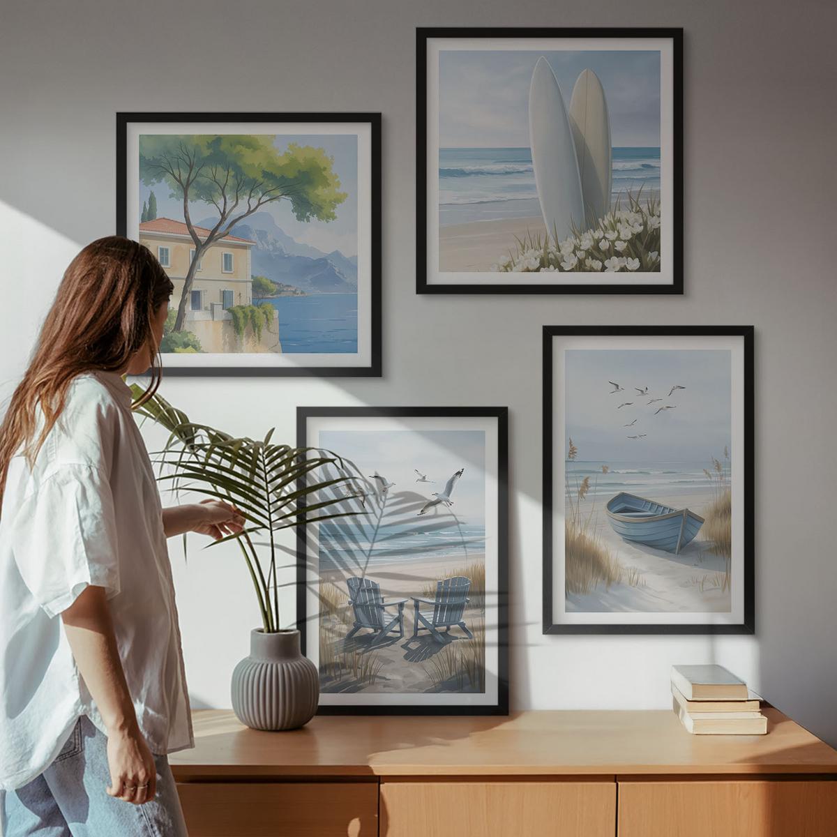 BILDER SET 4er Set - 50x50 cm & 40x60 cm Schwarzer Rahmen - Strandbretter, Surfboote, Vögel - Schwarz, Kunststoff (50/50cm) - TULUP