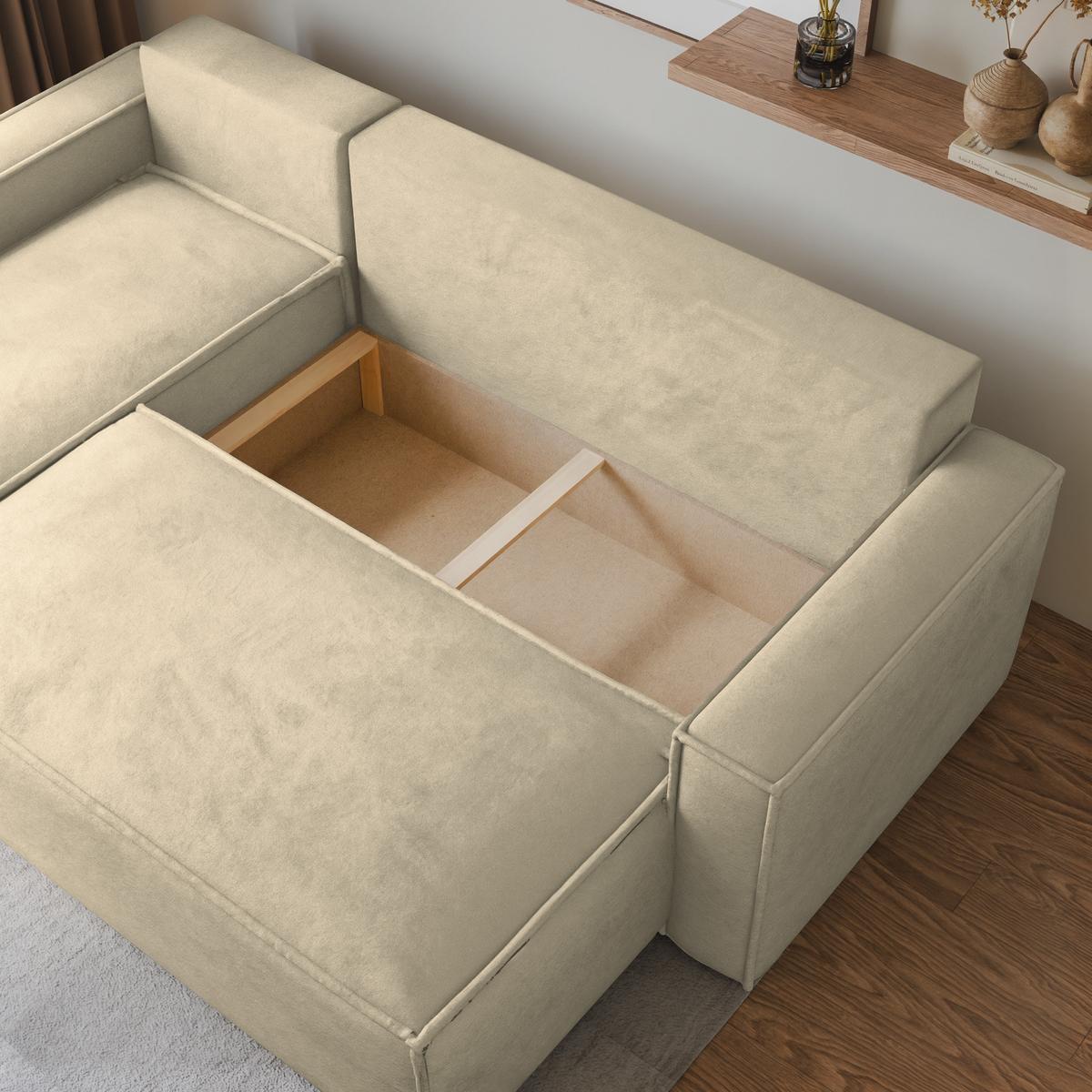 ECKSOFA RAVELO M Creme Velours-Stoff mit Schlaffunktion - Creme/Grau, Holz/Kunststoff (240/140cm) - MASSENO