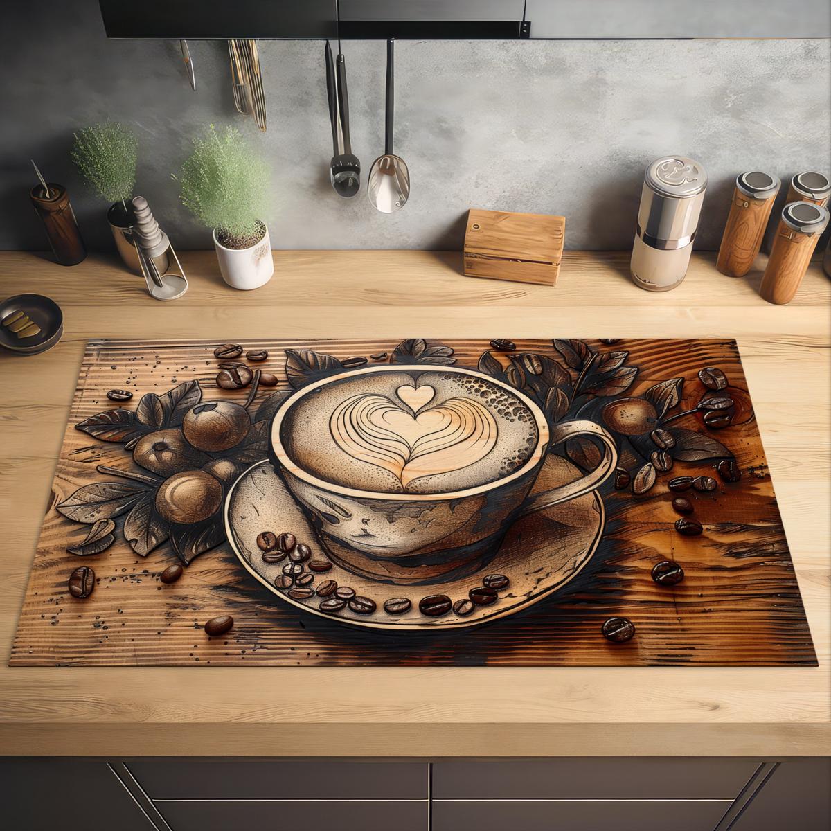 HERDABDECKPLATTE Kaffee - Vintage - Braun - Tasse - Holz Induktionsschutz 91.2x52 cm - Cappuccino, Kunststoff (91.2/52/0.2cm) - MuchoWow