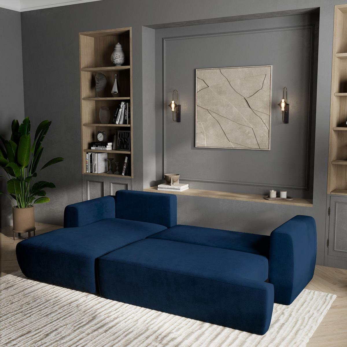 ECKSOFA SENTI K L-S Blau Plüsch-Stoff mit Schlaffunktion - Blau/Schwarz, Holz/Kunststoff (246/148cm) - MASSENO