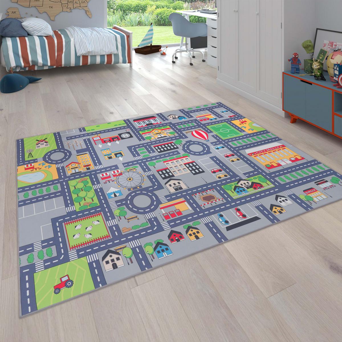 KINDERTEPPICH Waschbar, mit Dorf‑ und Bauernhofplan‑Muster, Grau, 240 x 340 cm - Grau, Textil (340/240cm) - KADIMA DESIGN