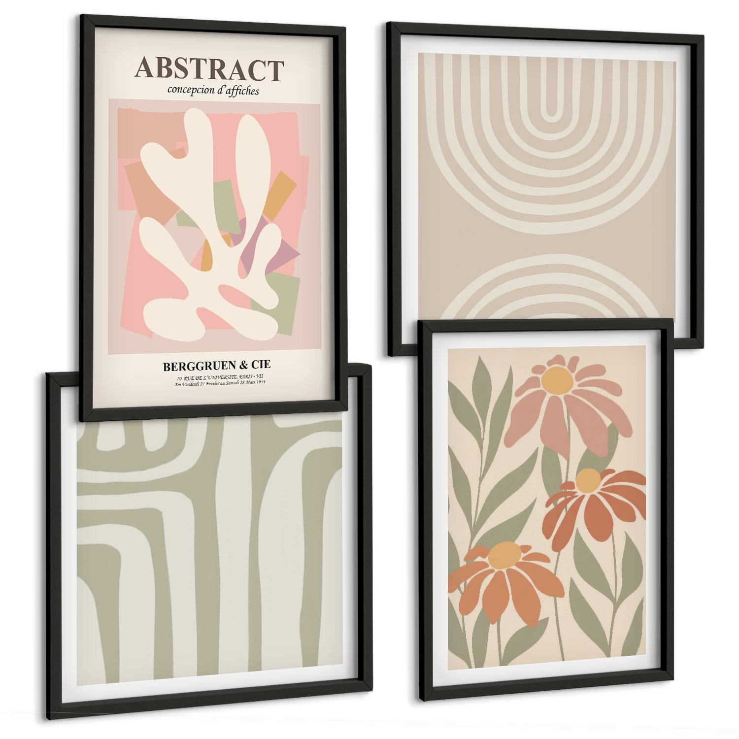 BILDER SET 4er Set - 50x50 cm & 40x60 cm Schwarzer Rahmen - Abstrakte Pflanzenformen - Schwarz, Kunststoff (50/50cm) - TULUP