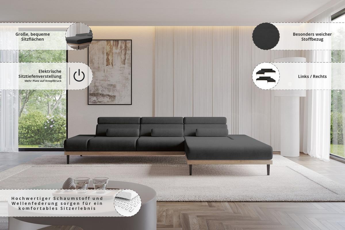 ELEKTRISCHES ECKSOFA Rechts MONA 316x205x85 Schwarz Velours - Schwarz/Graphitfarben, Holzwerkstoff/Textil (316/205cm) - ALTDECOR