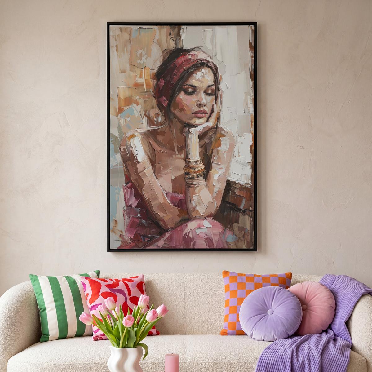 LEINWAND Bilder mit Rahmen - Frau - Lackierung - Porträt - Modern - 100x150 - Altrosa, Textil (100/150cm) - MuchoWow