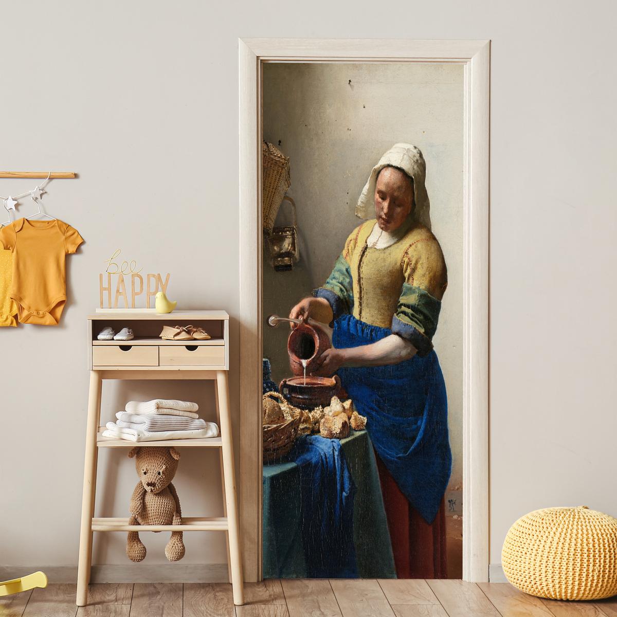 TÜRAUFKLEBER Das Milchmädchen - Johannes Vermeer 85x215 cm - Türtapete - Dunkelblau, Kunststoff (85/0.1cm) - MuchoWow