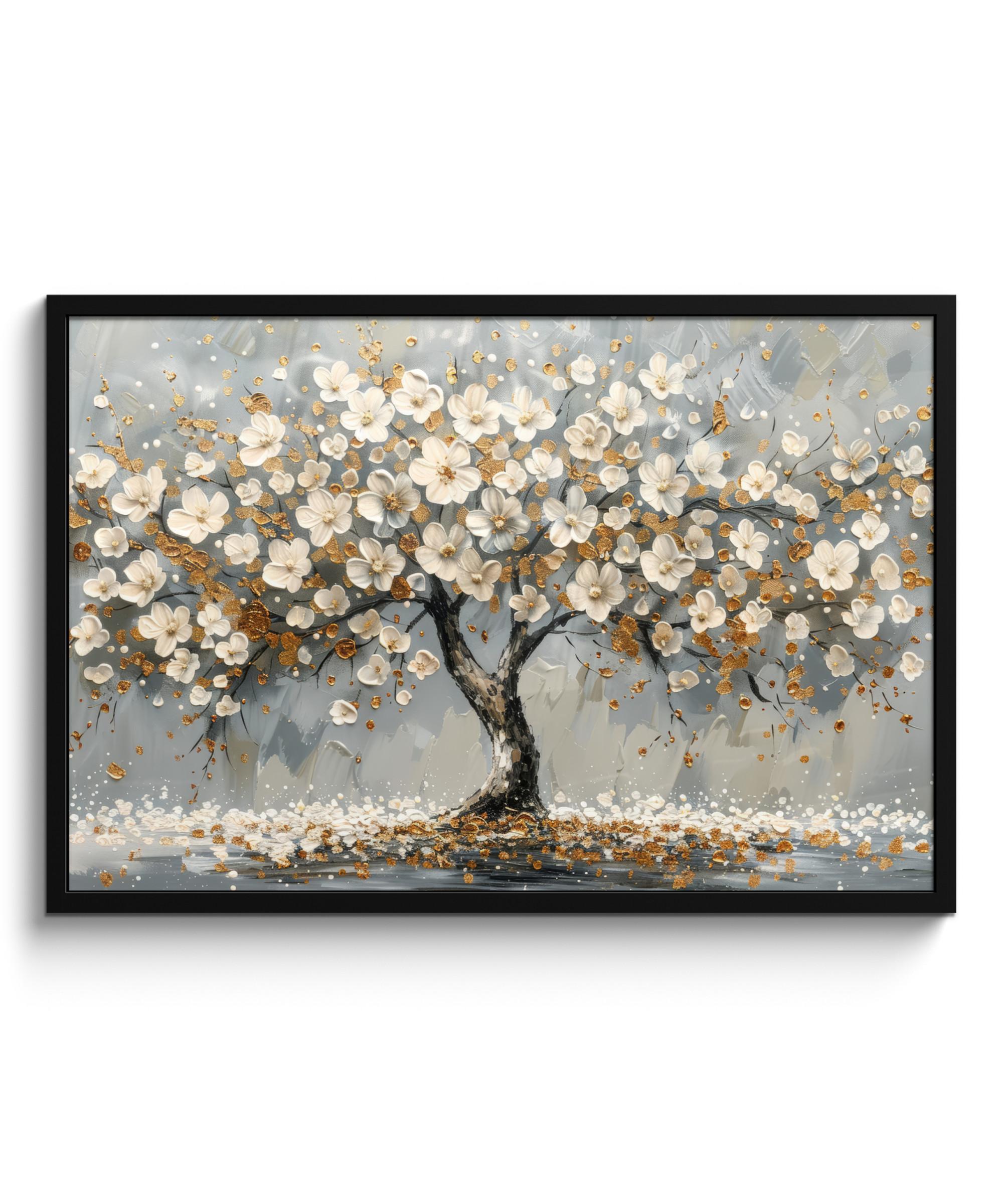 POSTER MIT RAHMEN Baum - Blumen - Weiß - Natur - Kunst 90x60 cm - Weiß, Papier (90/60cm) - MuchoWow