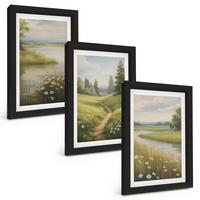 BILDER SET 3er Set - 20x30 cm Schwarzer Rahmen - Frühlingslandschaft Flusswiese - Schwarz, Kunststoff (20/30cm) - TULUP