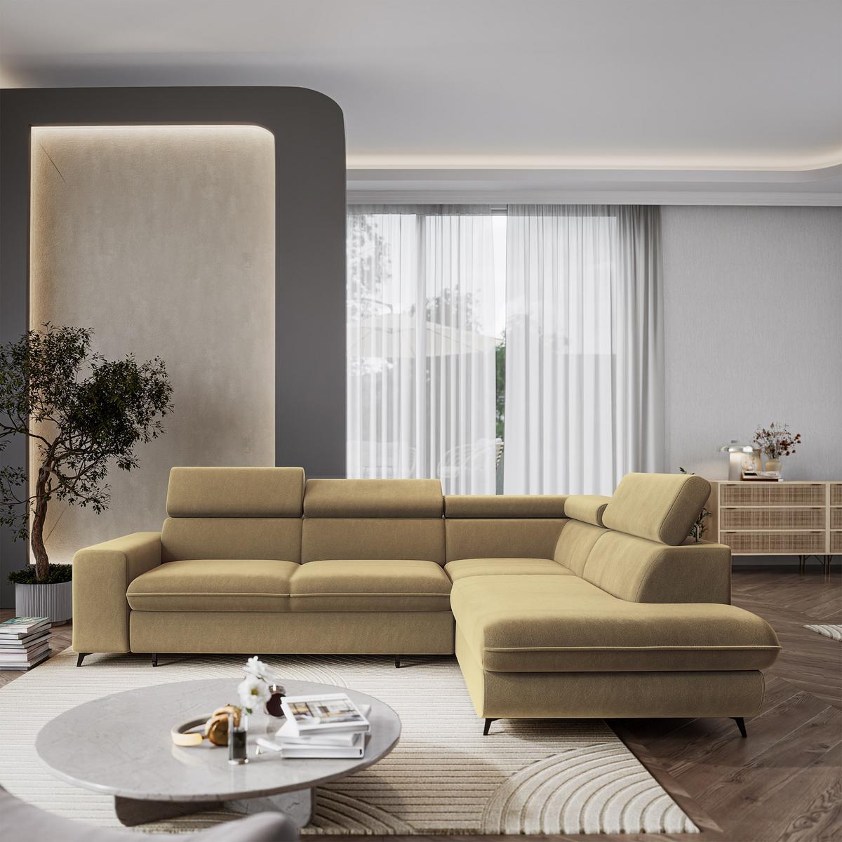 ECKSOFA VELISS Currygelb Veloursstoff mit Schlaffunktion - Currygelb, Holz (255/193cm) - MASSENO